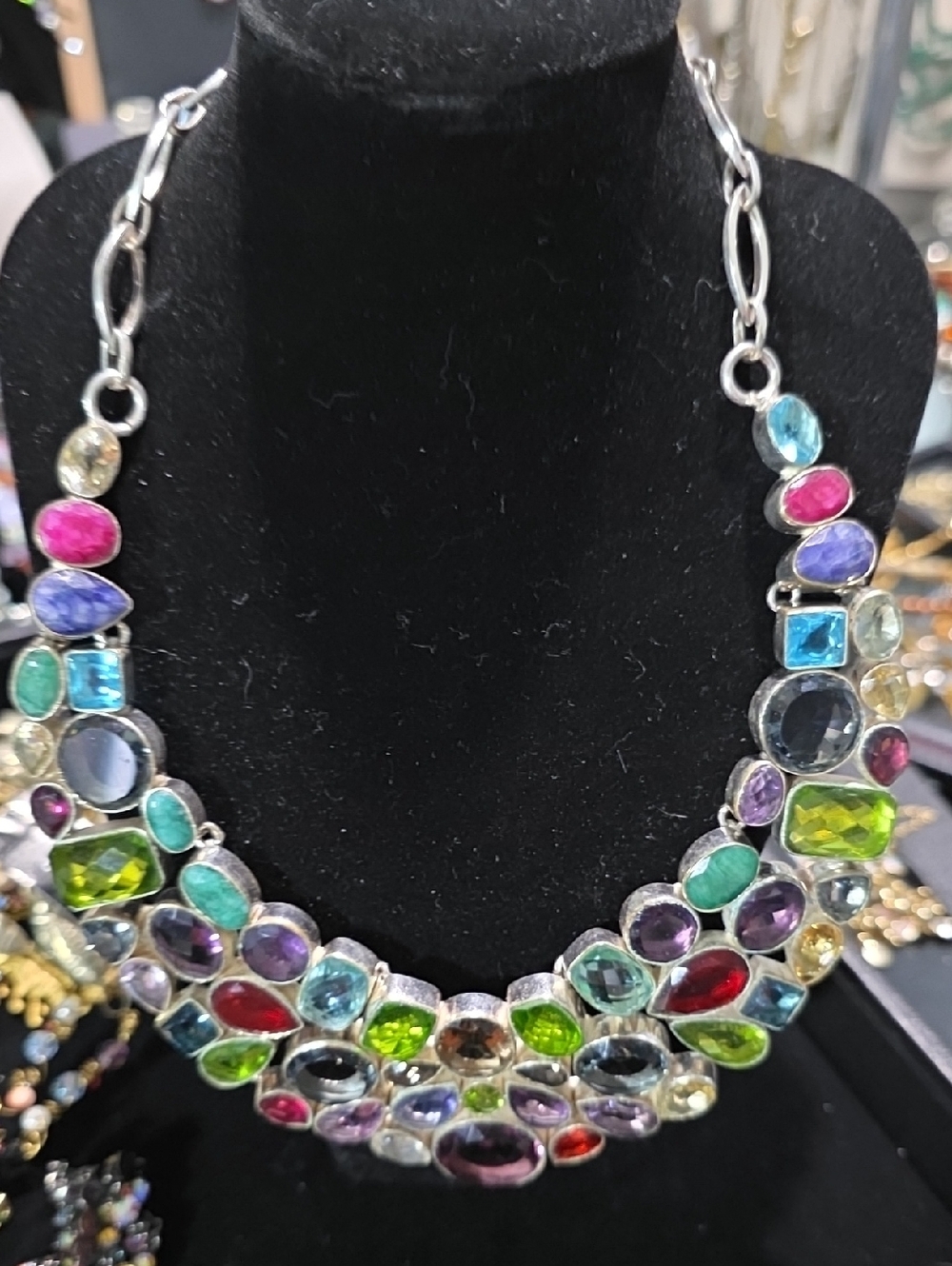 Multicolor Gemstone Bib Necklace - Silver-Tone Statement